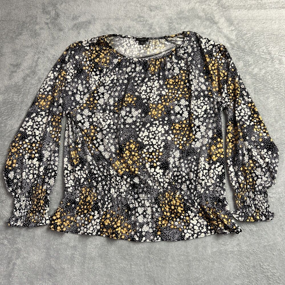 Ann Taylor Factory Womens Shirt Top Long Sleeve Floral Black/White Sz. XL